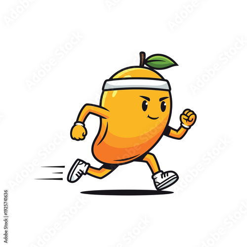 Cartoon mango character running in a headband, isolated on white background