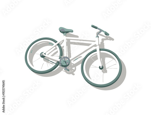 Minimalist white bicycle with green accents casting a shadow on a plain background