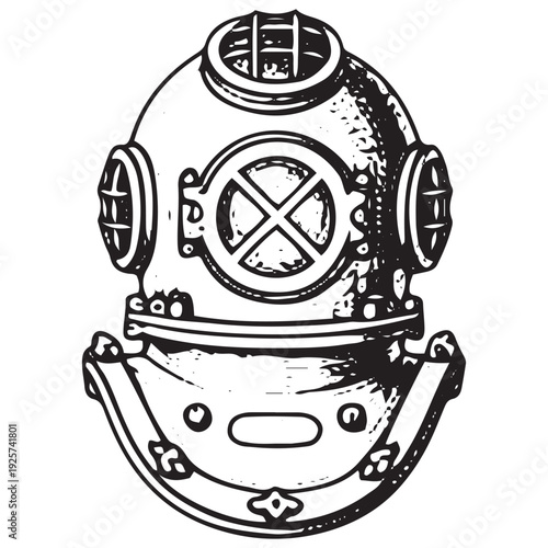 Antique Deep Sea Diving Helmet Engraving Style Illustration
