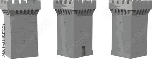 Medieval stone tower illustration isolated on white background featuring castle fortress turret architecture, historic defense building structure for game asset, fantasy environment design