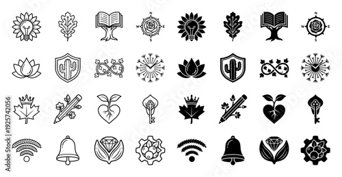Collection of minimalist hybrid conceptual icons blending nature and industry symbols with linear and solid versions featuring plant and tool fusion