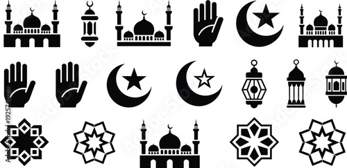 Islamic Icon Set with Mosque, Crescent Moon, Star, Lantern, Hamsa Hand, and Geometric Patterns for Ramadan Kareem, Eid Mubarak, and Muslim Religious Celebrations