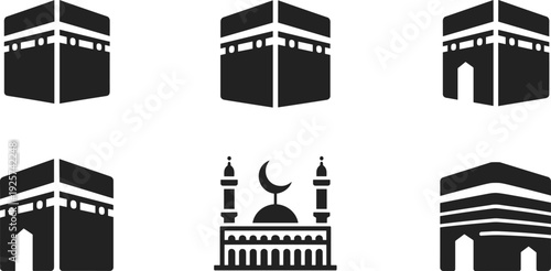 Kaaba and mosque icon set, Islamic religious symbols for Hajj, Umrah, and Ramadan, flat black silhouettes of Masjid al-Haram for Muslim prayer concept