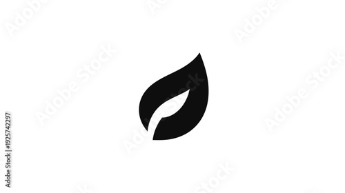 A simple black and white design of a stylized leaf.  The leaf has a smooth, curved shape