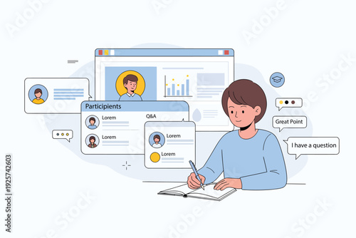 Online learning session with a student taking notes and a virtual classroom