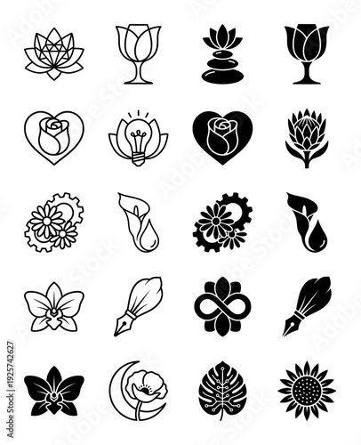 Collection of minimalist hybrid floral icons merging botanical elements with symbolic objects like light bulbs gears fountain pens and geometric shapes
