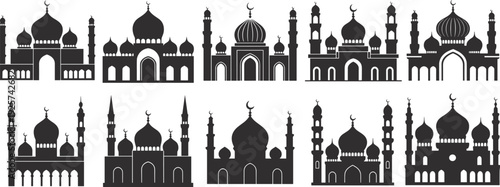 Set of traditional Islamic mosque silhouettes, black mosque icon collection for Ramadan Kareem, Eid Mubarak greeting cards, Middle Eastern architectural building vector illustration