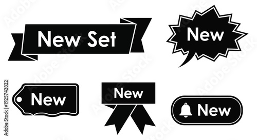 Collection of black graphic labels announcing a new set silhouette