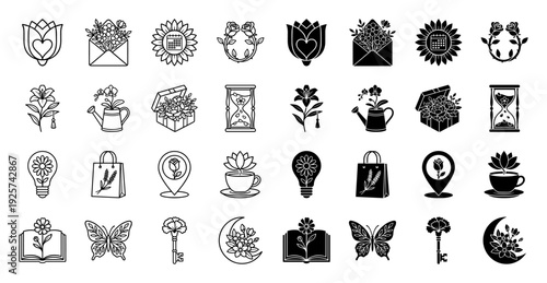 Hybrid botanical icon set featuring floral metaphors combined with objects like hourglasses lightbulbs keys and books in outline and solid styles