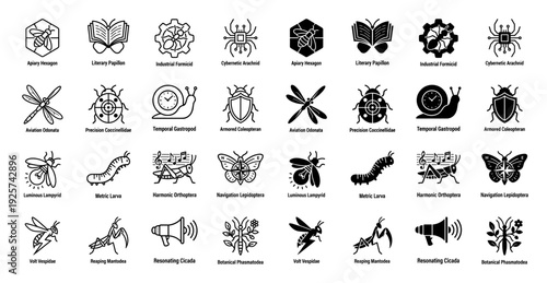 Collection of hybrid insect icons merging entomology with industrial and mechanical elements featuring stylized beetle butterfly and bee silhouettes
