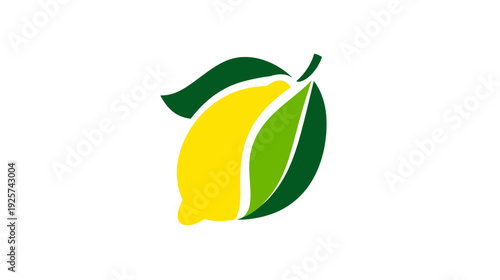 A simple illustration of a yellow lemon with green leaves on a white background