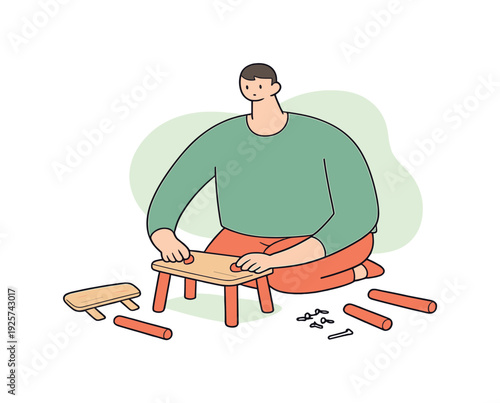 Quiet person assembles a chair from parts, pieces spread on floor as hands fit legs and seat together calmly nearby | assembling