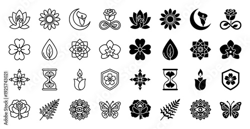 Collection of botanical hybrid icons featuring floral symbols merged with mystical elements like an hourglass moon infinity sign and a skeleton key