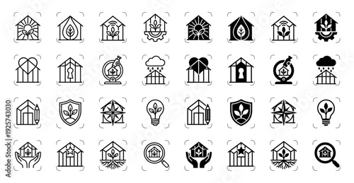 Collection of hybrid greenhouse and glasshouse icons combining nature growth symbols with architectural structures for sustainable agriculture design