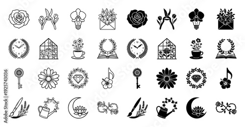 Hybrid botanical icon collection featuring creative fusions of flowers with everyday objects like lightbulbs clocks musical notes and gardening tools