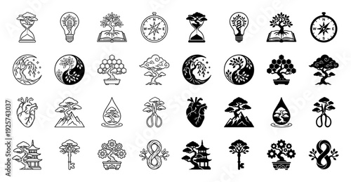 A collection of conceptual hybrid icons merging organic bonsai trees with symbols of wisdom time and direction in dual outline and solid styles