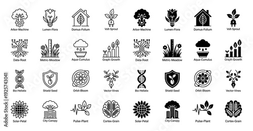 Collection of minimalist hybrid icons merging organic nature elements with technical symbols featuring both outline and solid black glyph styles