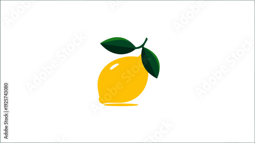 A simple, flat illustration of a yellow citrus fruit with green leaves on a white background