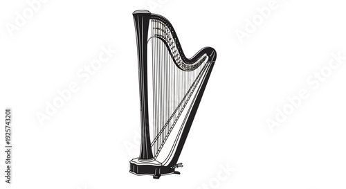 Detailed illustration of a classic harp with dark wood and many strings