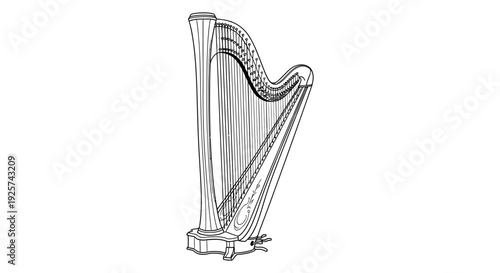 Detailed sketch of a classical harp with ornate curves and stringed instrument design