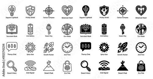 Collection of hybrid desert botanical icons merging cactus species with symbolic objects like lightbulbs gears hearts and navigation tools in outline and solid styles
