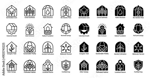 Hybrid agricultural greenhouse icons merging organic plant life with industrial structures and geometric symbols for sustainable farming systems