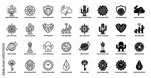 Collection of botanical hybrid icons merging desert cactus species with technical and conceptual symbols including light bulbs batteries and celestial bodies