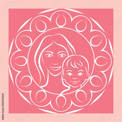 Elegant vector illustration of a mother and child embraced within a circular floral design, symbolizing love, family, and maternal bond.