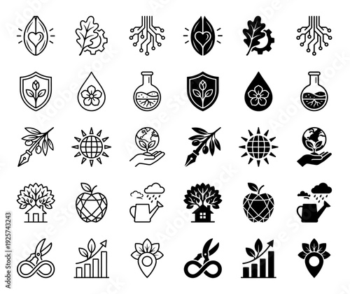 Hybrid ecological icons merging nature with industry featuring leaf gears plant circuit boards and seed hearts in outline and solid styles