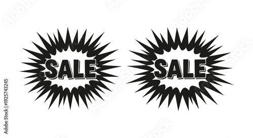 Two black starbursts featuring the word sale in bold white lettering