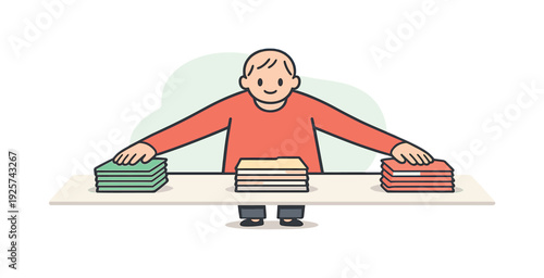 Gentle person arranges folders on a desk, arms reaching outward as piles are spaced evenly apart | arranging folders desk, flat