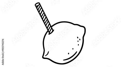 A monochrome illustration of a lemon with a striped straw inserted into it