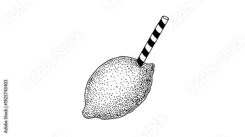 A lemon illustration, with a textured rind, and a black and white striped drinking straw