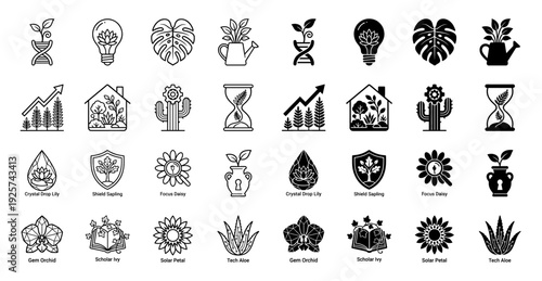 Collection of botanical hybrid icons merging nature with conceptual elements like dna strands light bulbs hourglasses and geometric gem structures in outline and solid styles