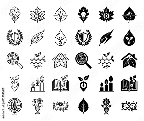 Collection of hybrid biological and ecological icons merging leaves with gear heart rate DNA and lightbulb symbols in line and solid styles