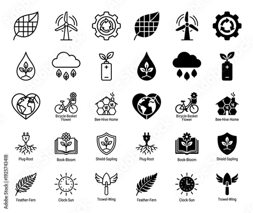 Ecological hybrid icon set featuring creative merges of nature and sustainability symbols like solar leaves wind turbines and biological batteries