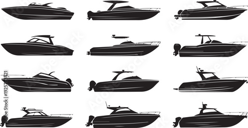 Collection of Black Silhouettes of Various Motorboats and Yachts speedboats
