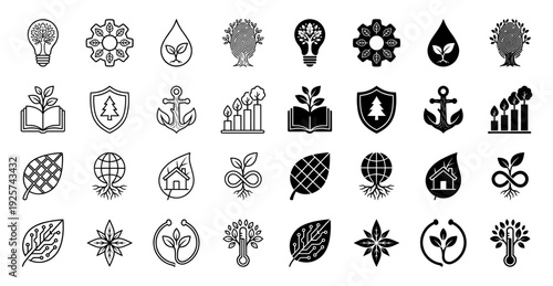 Collection of hybrid ecological icons combining natural organic elements with industrial and conceptual symbols in outline and solid styles