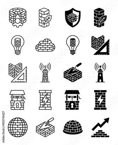 Masonry and construction icons featuring hybrid concepts of brick walls merged with energy symbols nature leaves light bulbs and growth arrows