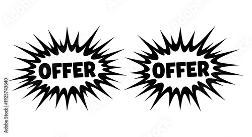 Two black comic book style speech bubbles displaying the word offer