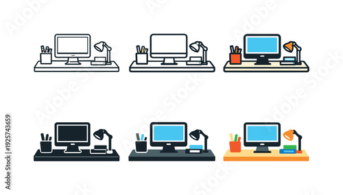 Desk organization icon showing a tidy workspace with a desk, computer, stationery, and neatly arranged items, symbolizing