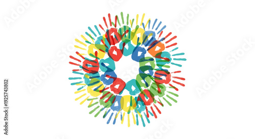 Colorful circular pattern composed of overlapping handprints in various shades