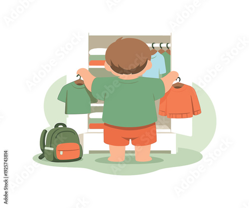 Before child stands before an open wardrobe choosing clothes for school, folded shirts visible, backpack on floor, morning light