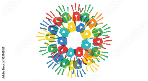 Colorful handprints arranged in a circular pattern symbolizing unity and diversity