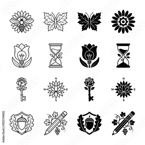 Collection of hybrid organic icons featuring nature and object fusions such as bee flowers butterfly leaves hourglass plants and rose keys in outline and solid styles