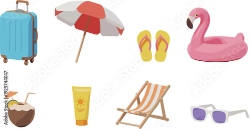 Summer beach vacation icons illustration isolated on white background featuring suitcase, umbrella, flip flops, sunscreen, coconut drink, sunglasses and inflatable flamingo symbols set