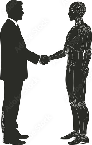 Businessman and robot shaking hands in a symbolic partnership