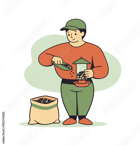 Serene Bird Feeding. Calm person refills a bird feeder slowly, scooping seeds from a bag, hands steady, quiet outdoor pause. |