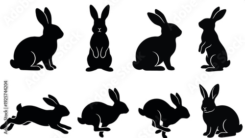 Rabbit and Bunny Silhouette Vector Illustration Set Featuring Various Poses Like Jumping Sitting and Standing for Nature Wildlife Easter and Pet Design Concepts