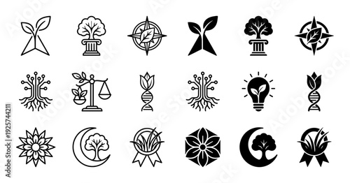 Collection of minimalist hybrid nature icons featuring organic plant growth merged with academic pillars compass needles and scientific dna strands